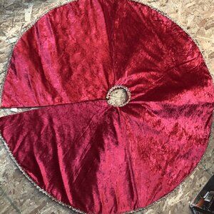 Bright Red Velvet Like Christmas Tree Skirt with Gold Color Trim #F80